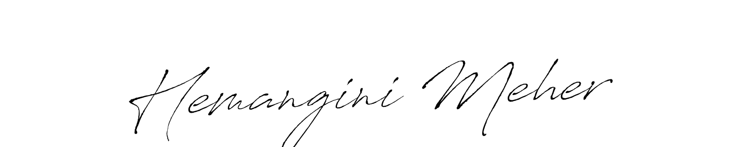 The best way (Antro_Vectra) to make a short signature is to pick only two or three words in your name. The name Hemangini Meher include a total of six letters. For converting this name. Hemangini Meher signature style 6 images and pictures png