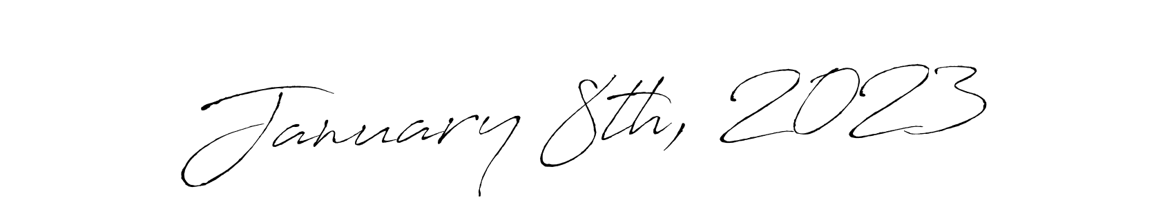 The best way (Antro_Vectra) to make a short signature is to pick only two or three words in your name. The name January 8th, 2023 include a total of six letters. For converting this name. January 8th, 2023 signature style 6 images and pictures png