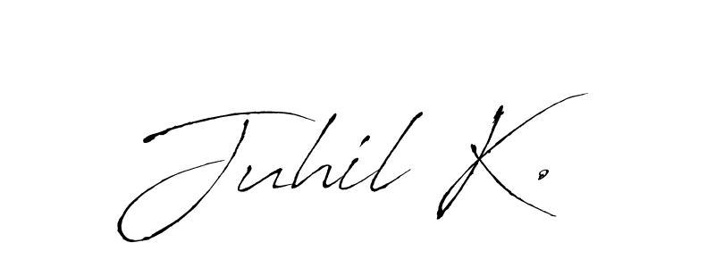 The best way (Antro_Vectra) to make a short signature is to pick only two or three words in your name. The name Juhil K. include a total of six letters. For converting this name. Juhil K. signature style 6 images and pictures png