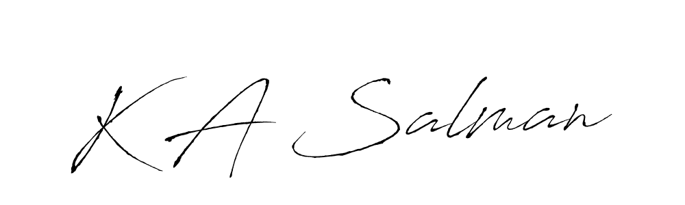 The best way (Antro_Vectra) to make a short signature is to pick only two or three words in your name. The name K A Salman include a total of six letters. For converting this name. K A Salman signature style 6 images and pictures png