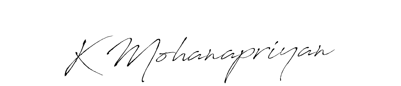 The best way (Antro_Vectra) to make a short signature is to pick only two or three words in your name. The name K Mohanapriyan include a total of six letters. For converting this name. K Mohanapriyan signature style 6 images and pictures png