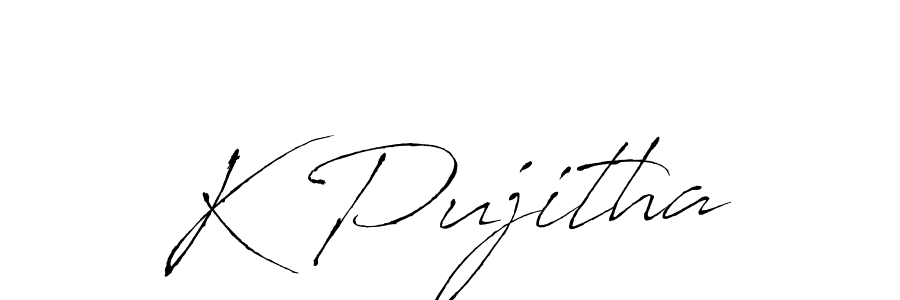 The best way (Antro_Vectra) to make a short signature is to pick only two or three words in your name. The name K Pujitha include a total of six letters. For converting this name. K Pujitha signature style 6 images and pictures png