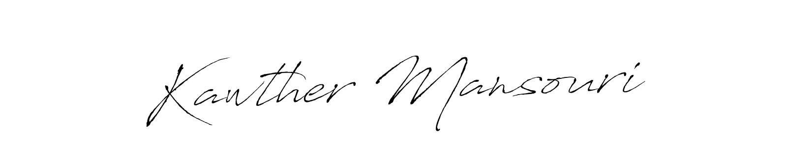 The best way (Antro_Vectra) to make a short signature is to pick only two or three words in your name. The name Kawther Mansouri include a total of six letters. For converting this name. Kawther Mansouri signature style 6 images and pictures png