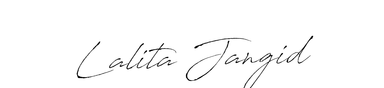 The best way (Antro_Vectra) to make a short signature is to pick only two or three words in your name. The name Lalita Jangid include a total of six letters. For converting this name. Lalita Jangid signature style 6 images and pictures png