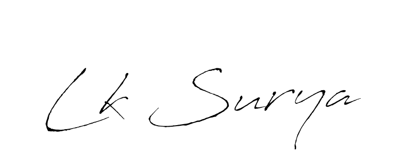 The best way (Antro_Vectra) to make a short signature is to pick only two or three words in your name. The name Lk Surya include a total of six letters. For converting this name. Lk Surya signature style 6 images and pictures png