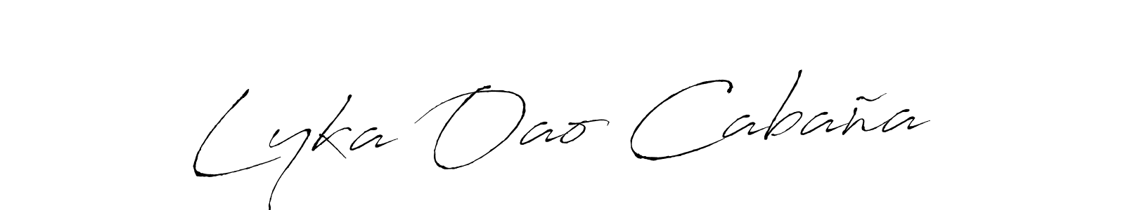 The best way (Antro_Vectra) to make a short signature is to pick only two or three words in your name. The name Lyka Oao Cabaña include a total of six letters. For converting this name. Lyka Oao Cabaña signature style 6 images and pictures png