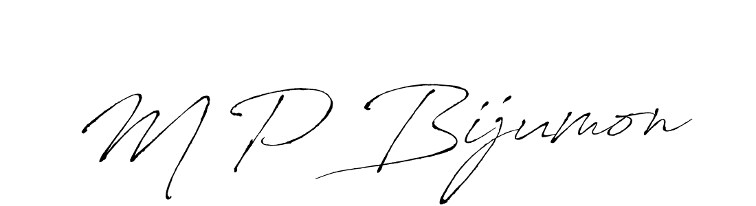 The best way (Antro_Vectra) to make a short signature is to pick only two or three words in your name. The name M P Bijumon include a total of six letters. For converting this name. M P Bijumon signature style 6 images and pictures png