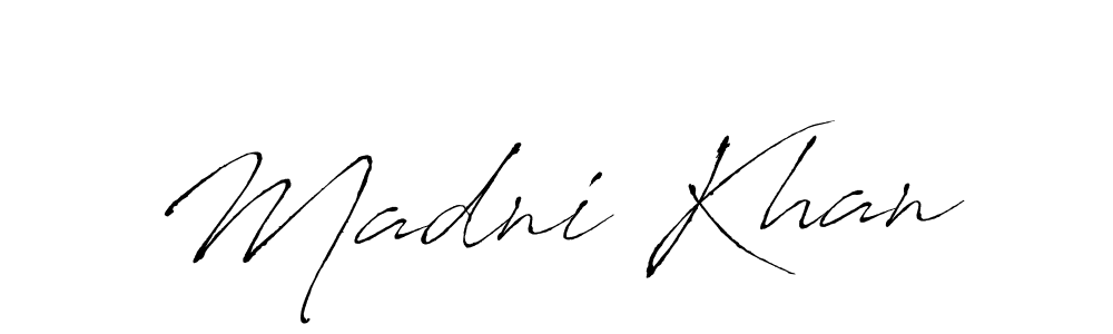 Make a beautiful signature design for name Madni Khan. With this signature (Antro_Vectra) style, you can create a handwritten signature for free. Madni Khan signature style 6 images and pictures png