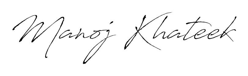 The Antro_Vectra handwriting style adds charm and authenticity to name Manoj Khateek. A wonderful choice for personal thank-you notes. Manoj Khateek signature style 6 images and pictures png