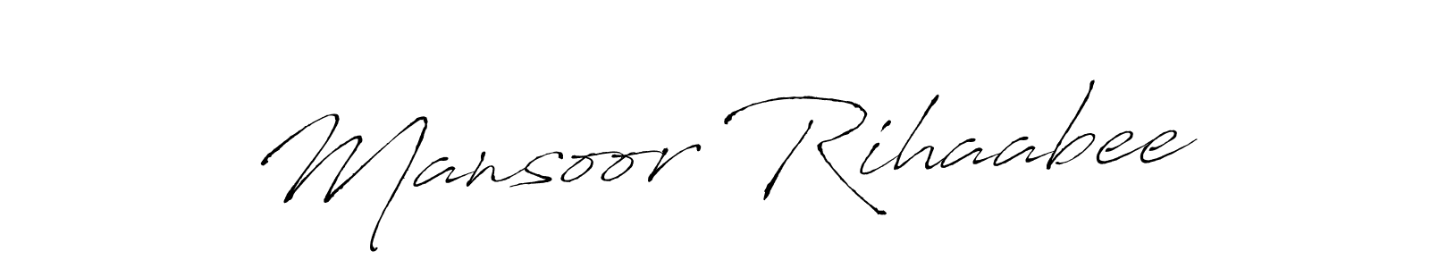The best way (Antro_Vectra) to make a short signature is to pick only two or three words in your name. The name Mansoor Rihaabee include a total of six letters. For converting this name. Mansoor Rihaabee signature style 6 images and pictures png