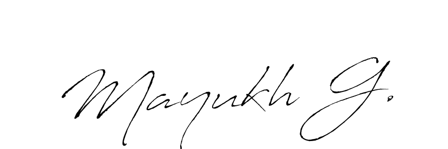 The best way (Antro_Vectra) to make a short signature is to pick only two or three words in your name. The name Mayukh G. include a total of six letters. For converting this name. Mayukh G. signature style 6 images and pictures png