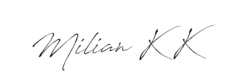 The best way (Antro_Vectra) to make a short signature is to pick only two or three words in your name. The name Milian K K include a total of six letters. For converting this name. Milian K K signature style 6 images and pictures png