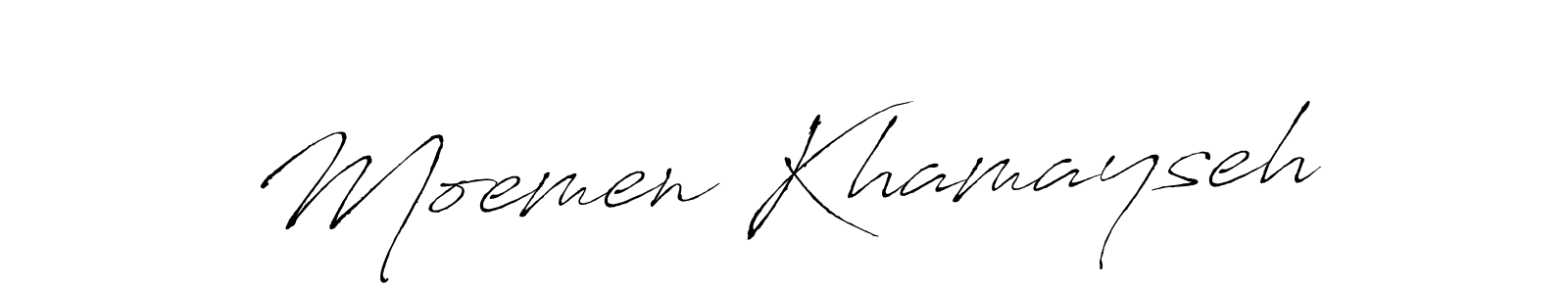 Antro_Vectra is a professional signature style that is perfect for those who want to add a touch of class to their signature. It is also a great choice for those who want to make their signature more unique. Get Moemen Khamayseh name to fancy signature for free. Moemen Khamayseh signature style 6 images and pictures png