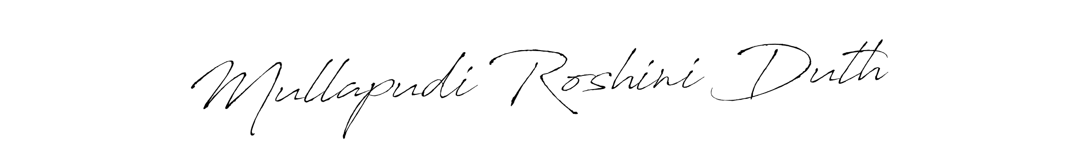 The best way (Antro_Vectra) to make a short signature is to pick only two or three words in your name. The name Mullapudi Roshini Duth include a total of six letters. For converting this name. Mullapudi Roshini Duth signature style 6 images and pictures png