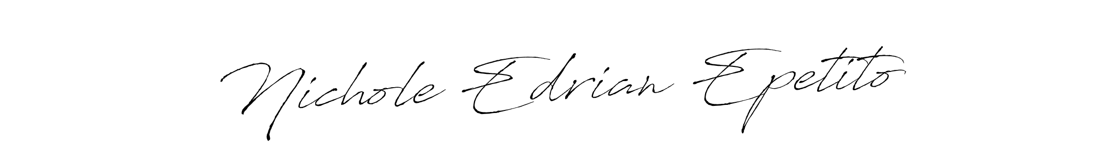 The best way (Antro_Vectra) to make a short signature is to pick only two or three words in your name. The name Nichole Edrian Epetito include a total of six letters. For converting this name. Nichole Edrian Epetito signature style 6 images and pictures png