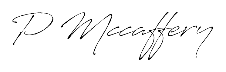 A sleek calligraphic signature for name P Mccaffery utilizing Antro_Vectra styling. Great for adding personal signatures to photos and art. P Mccaffery signature style 6 images and pictures png