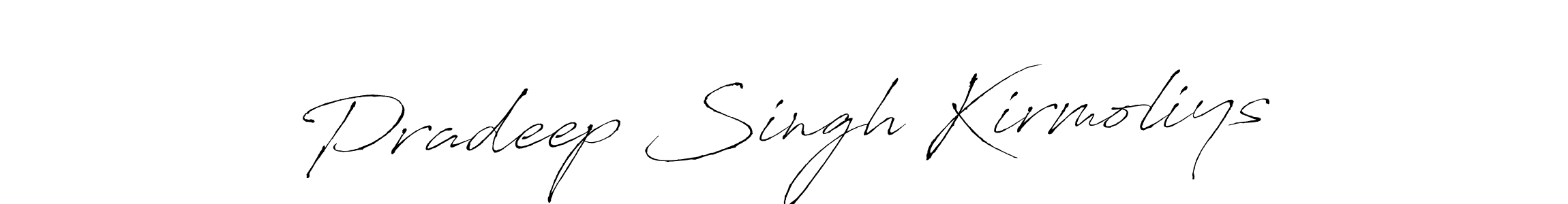 The best way (Antro_Vectra) to make a short signature is to pick only two or three words in your name. The name Pradeep Singh Kirmoliys include a total of six letters. For converting this name. Pradeep Singh Kirmoliys signature style 6 images and pictures png