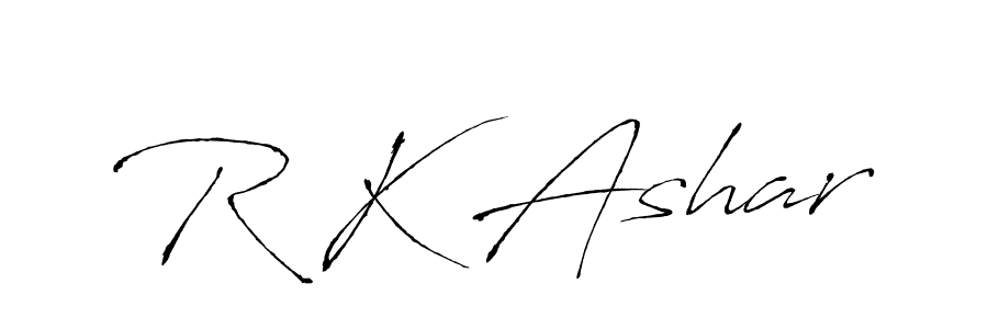 The best way (Antro_Vectra) to make a short signature is to pick only two or three words in your name. The name R K Ashar include a total of six letters. For converting this name. R K Ashar signature style 6 images and pictures png