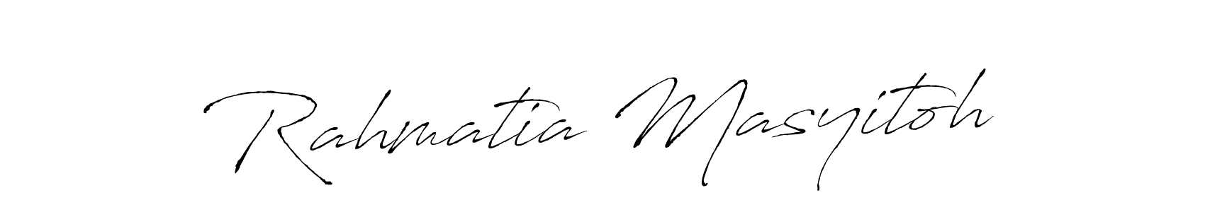 The best way (Antro_Vectra) to make a short signature is to pick only two or three words in your name. The name Rahmatia Masyitoh include a total of six letters. For converting this name. Rahmatia Masyitoh signature style 6 images and pictures png