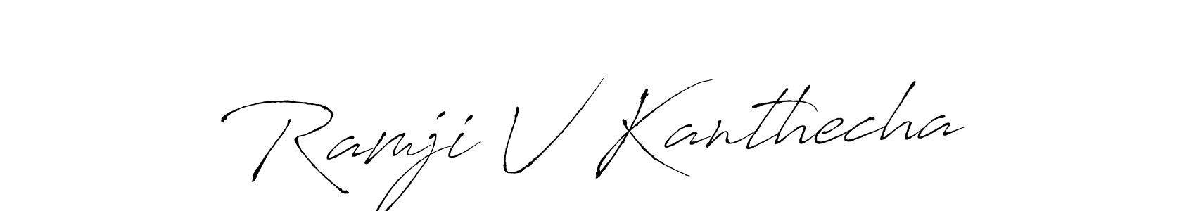 The best way (Antro_Vectra) to make a short signature is to pick only two or three words in your name. The name Ramji V Kanthecha include a total of six letters. For converting this name. Ramji V Kanthecha signature style 6 images and pictures png
