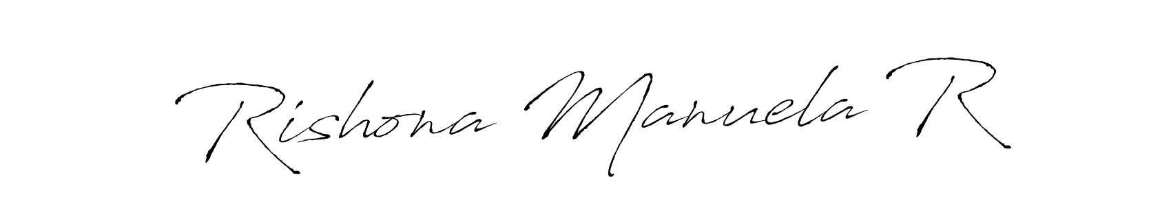 The best way (Antro_Vectra) to make a short signature is to pick only two or three words in your name. The name Rishona Manuela R include a total of six letters. For converting this name. Rishona Manuela R signature style 6 images and pictures png