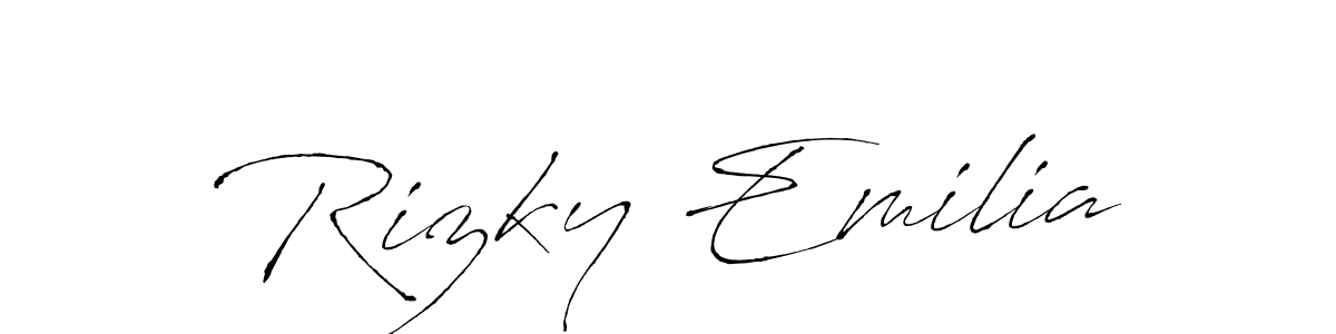 How to make Rizky Emilia name signature. Use Antro_Vectra style for creating short signs online. This is the latest handwritten sign. Rizky Emilia signature style 6 images and pictures png