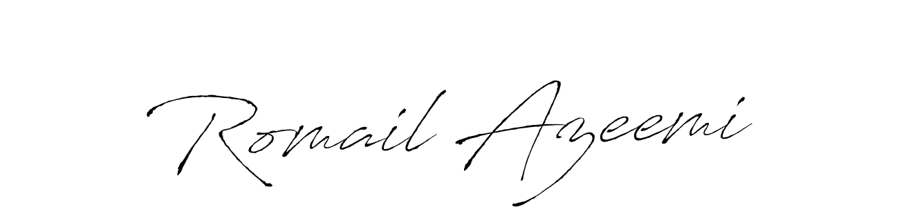 How to make Romail Azeemi name signature. Use Antro_Vectra style for creating short signs online. This is the latest handwritten sign. Romail Azeemi signature style 6 images and pictures png