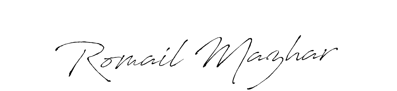 Design your own signature with our free online signature maker. With this signature software, you can create a handwritten (Antro_Vectra) signature for name Romail Mazhar. Romail Mazhar signature style 6 images and pictures png