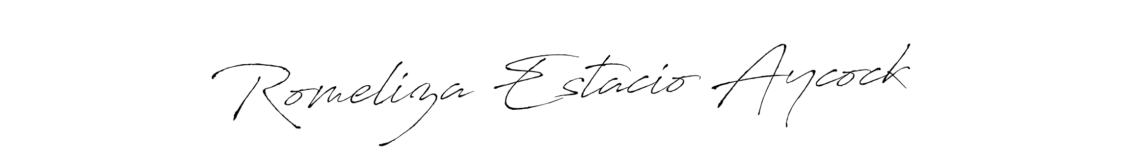 The best way (Antro_Vectra) to make a short signature is to pick only two or three words in your name. The name Romeliza Estacio Aycock include a total of six letters. For converting this name. Romeliza Estacio Aycock signature style 6 images and pictures png