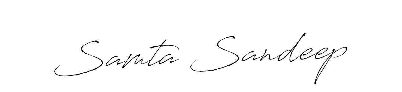 The best way (Antro_Vectra) to make a short signature is to pick only two or three words in your name. The name Samta Sandeep include a total of six letters. For converting this name. Samta Sandeep signature style 6 images and pictures png