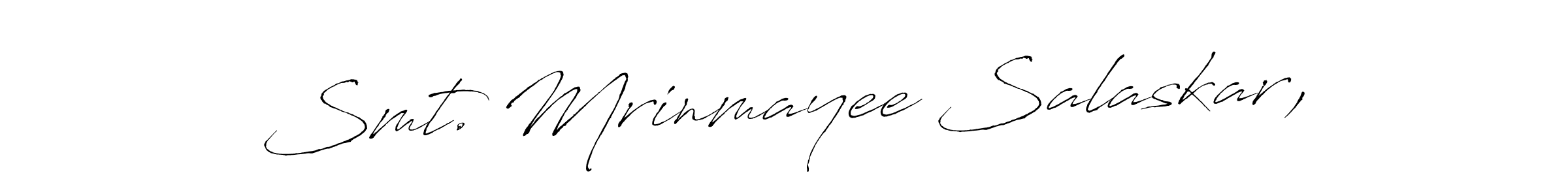 The best way (Antro_Vectra) to make a short signature is to pick only two or three words in your name. The name Smt. Mrinmayee Salaskar, include a total of six letters. For converting this name. Smt. Mrinmayee Salaskar, signature style 6 images and pictures png