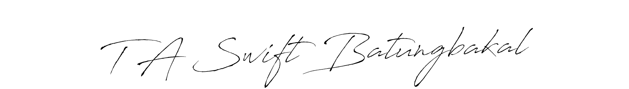 The best way (Antro_Vectra) to make a short signature is to pick only two or three words in your name. The name T A Swift Batungbakal include a total of six letters. For converting this name. T A Swift Batungbakal signature style 6 images and pictures png
