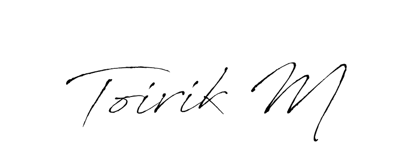 The best way (Antro_Vectra) to make a short signature is to pick only two or three words in your name. The name Toirik M include a total of six letters. For converting this name. Toirik M signature style 6 images and pictures png