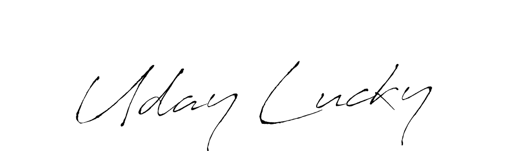 How to make Uday Lucky name signature. Use Antro_Vectra style for creating short signs online. This is the latest handwritten sign. Uday Lucky signature style 6 images and pictures png