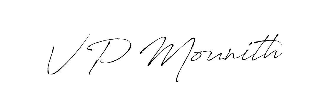 The best way (Antro_Vectra) to make a short signature is to pick only two or three words in your name. The name V P Mounith include a total of six letters. For converting this name. V P Mounith signature style 6 images and pictures png