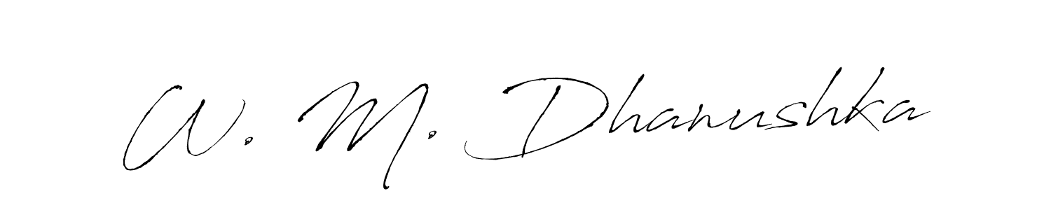 The best way (Antro_Vectra) to make a short signature is to pick only two or three words in your name. The name W. M. Dhanushka include a total of six letters. For converting this name. W. M. Dhanushka signature style 6 images and pictures png