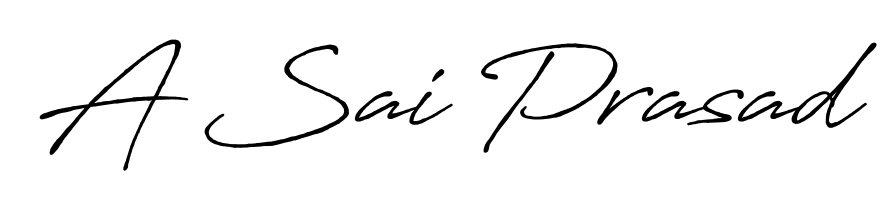 A sleek calligraphic signature for name A Sai Prasad utilizing Antro_Vectra_Bolder styling. Great for adding personal signatures to photos and art. A Sai Prasad signature style 7 images and pictures png