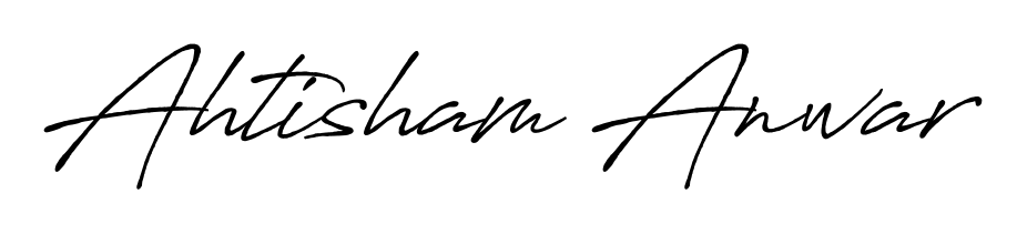 A sleek calligraphic signature for name Ahtisham Anwar utilizing Antro_Vectra_Bolder styling. Great for adding personal signatures to photos and art. Ahtisham Anwar signature style 7 images and pictures png