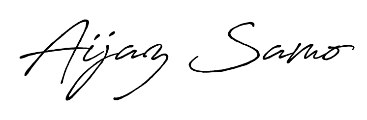 Looking for an artistic signature for Aijaz Samo? The Antro_Vectra_Bolder calligraphy style gives a sophisticated flow suitable for business cards and emails. Aijaz Samo signature style 7 images and pictures png