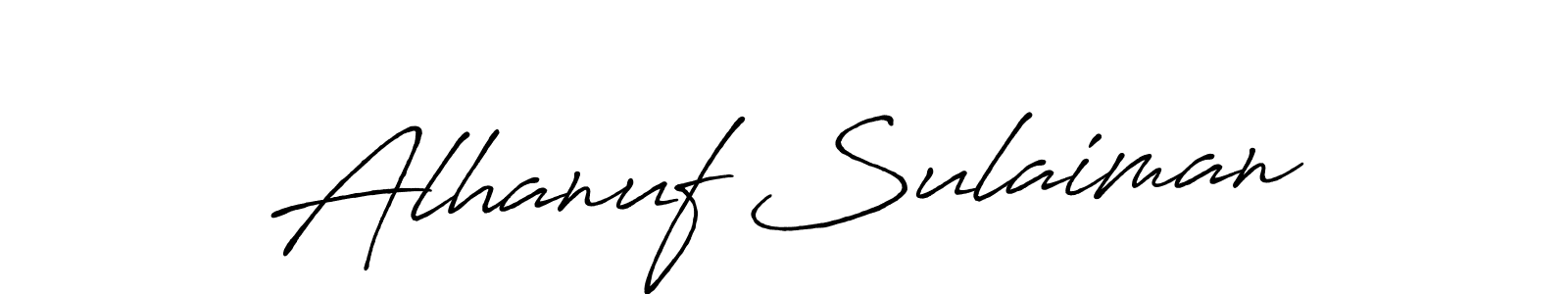 The best way (Antro_Vectra_Bolder) to make a short signature is to pick only two or three words in your name. The name Alhanuf Sulaiman include a total of six letters. For converting this name. Alhanuf Sulaiman signature style 7 images and pictures png