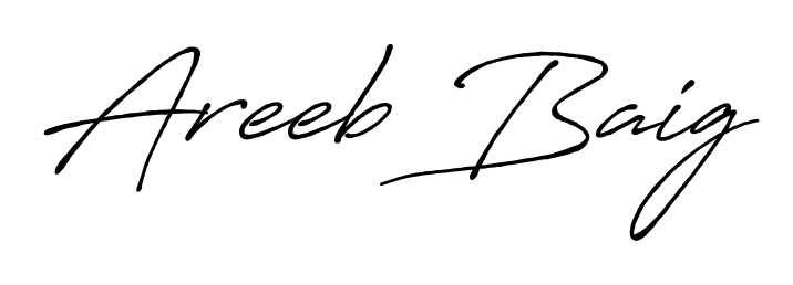 The Antro_Vectra_Bolder typeface gives name Areeb Baig a refined look. Suitable for certificates, diplomas, and official verification. Areeb Baig signature style 7 images and pictures png
