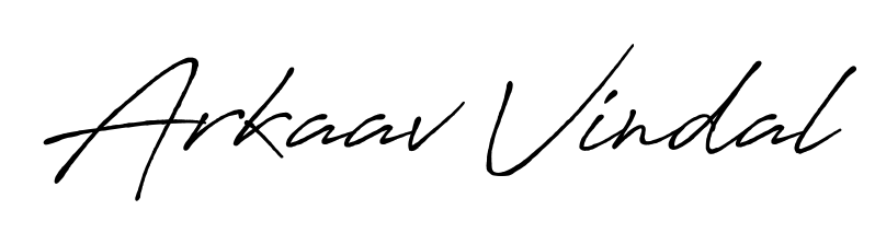 Discover how Arkaav Vindal looks in an executive cursive font (Antro_Vectra_Bolder). Perfect for legal documents, invoices, and certificates. Arkaav Vindal signature style 7 images and pictures png