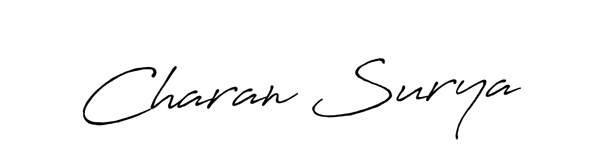 The best way (Antro_Vectra_Bolder) to make a short signature is to pick only two or three words in your name. The name Charan Surya include a total of six letters. For converting this name. Charan Surya signature style 7 images and pictures png