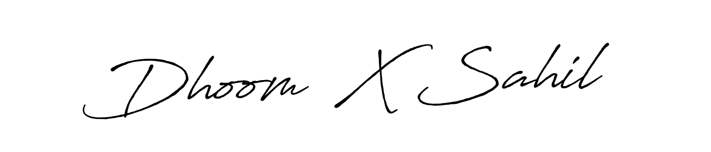 The best way (Antro_Vectra_Bolder) to make a short signature is to pick only two or three words in your name. The name Dhoom  X Sahil include a total of six letters. For converting this name. Dhoom  X Sahil signature style 7 images and pictures png