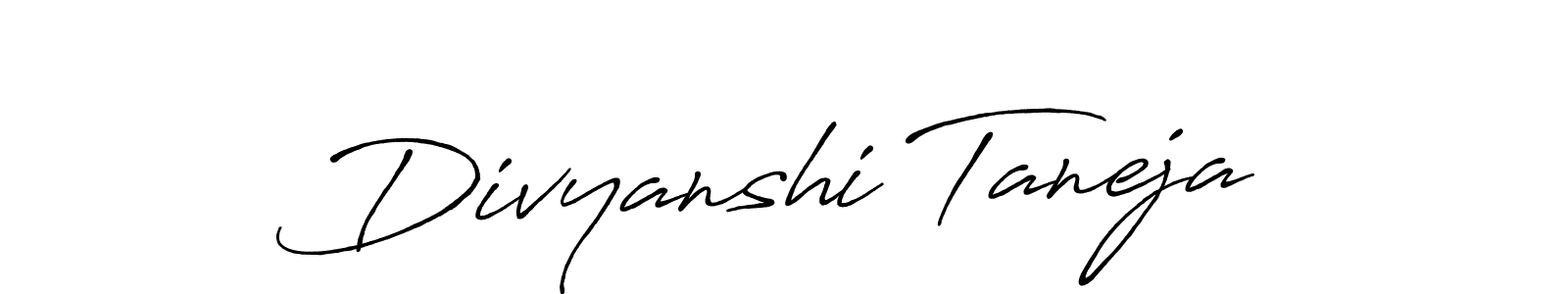 The best way (Antro_Vectra_Bolder) to make a short signature is to pick only two or three words in your name. The name Divyanshi Taneja include a total of six letters. For converting this name. Divyanshi Taneja signature style 7 images and pictures png