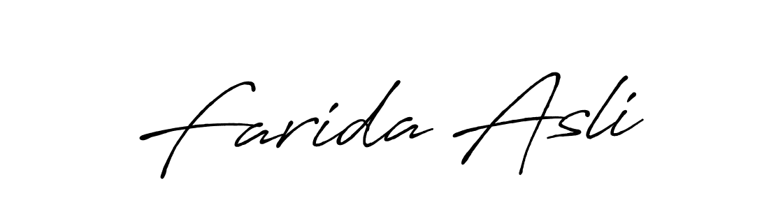 Create a beautiful signature design for name Farida Asli. With this signature (Antro_Vectra_Bolder) fonts, you can make a handwritten signature for free. Farida Asli signature style 7 images and pictures png