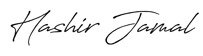 A sleek calligraphic signature for name Hashir Jamal utilizing Antro_Vectra_Bolder styling. Great for adding personal signatures to photos and art. Hashir Jamal signature style 7 images and pictures png