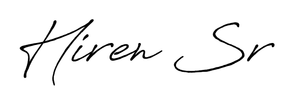 Similarly Antro_Vectra_Bolder is the best handwritten signature design. Signature creator online. You can use it as an online autograph creator for name Hiren Sr. Hiren Sr signature style 7 images and pictures png