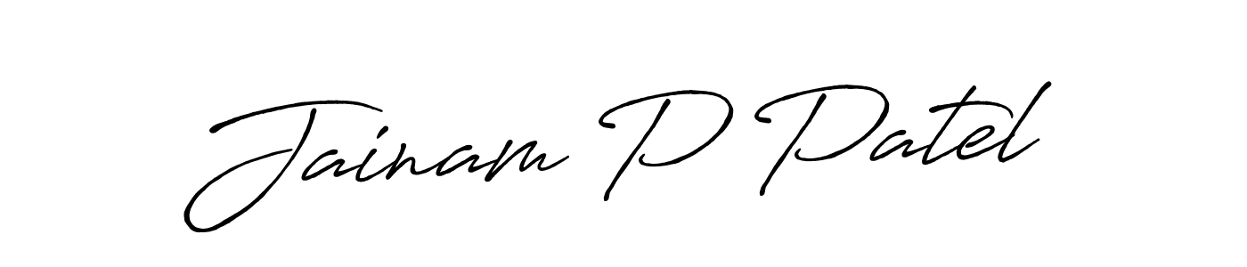 How to make Jainam P Patel name signature. Use Antro_Vectra_Bolder style for creating short signs online. This is the latest handwritten sign. Jainam P Patel signature style 7 images and pictures png