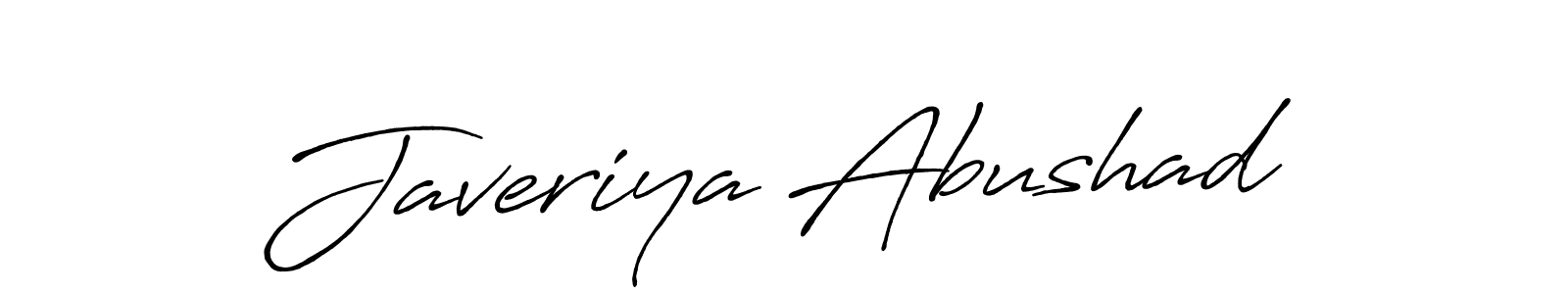 The best way (Antro_Vectra_Bolder) to make a short signature is to pick only two or three words in your name. The name Javeriya Abushad include a total of six letters. For converting this name. Javeriya Abushad signature style 7 images and pictures png